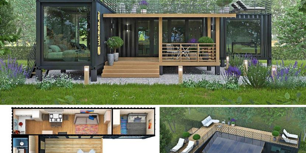 Модульный дом «Проект Эльта» - современный дом 45 м² из двух морских контейнеров с террасой на крыше